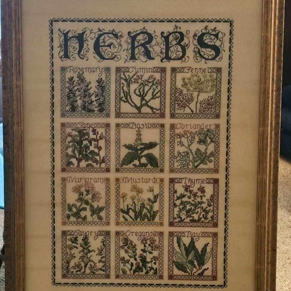 VINTAGE PETTY POINT HERBS ~ FRAMED